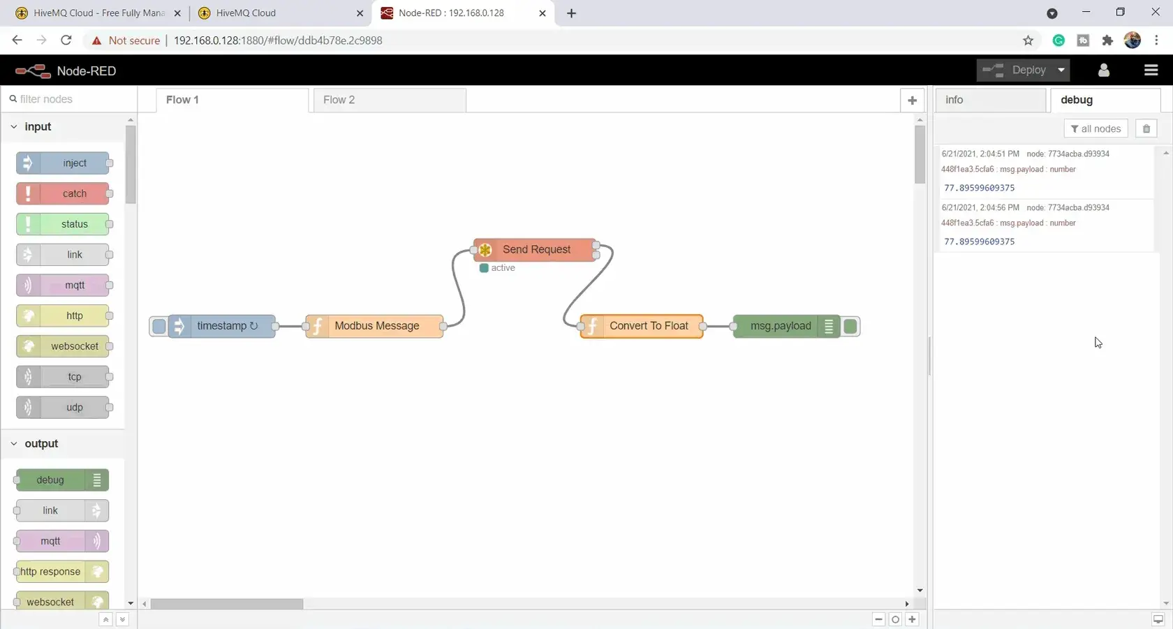 potentiometer value is reading 77.8 in NodeRED
