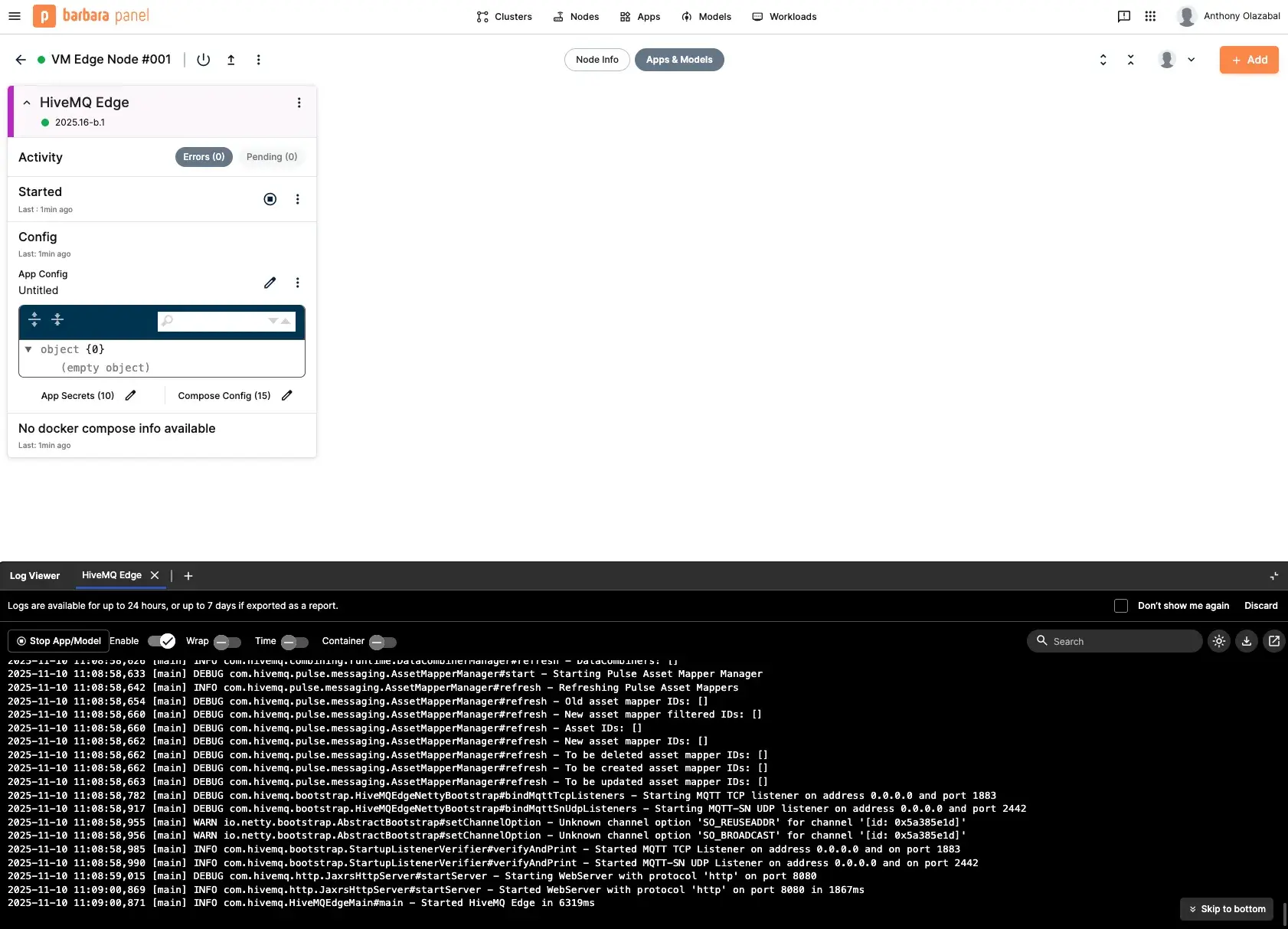 a running instance of HiveMQ Edge customized with your configuration on your node on Barbara