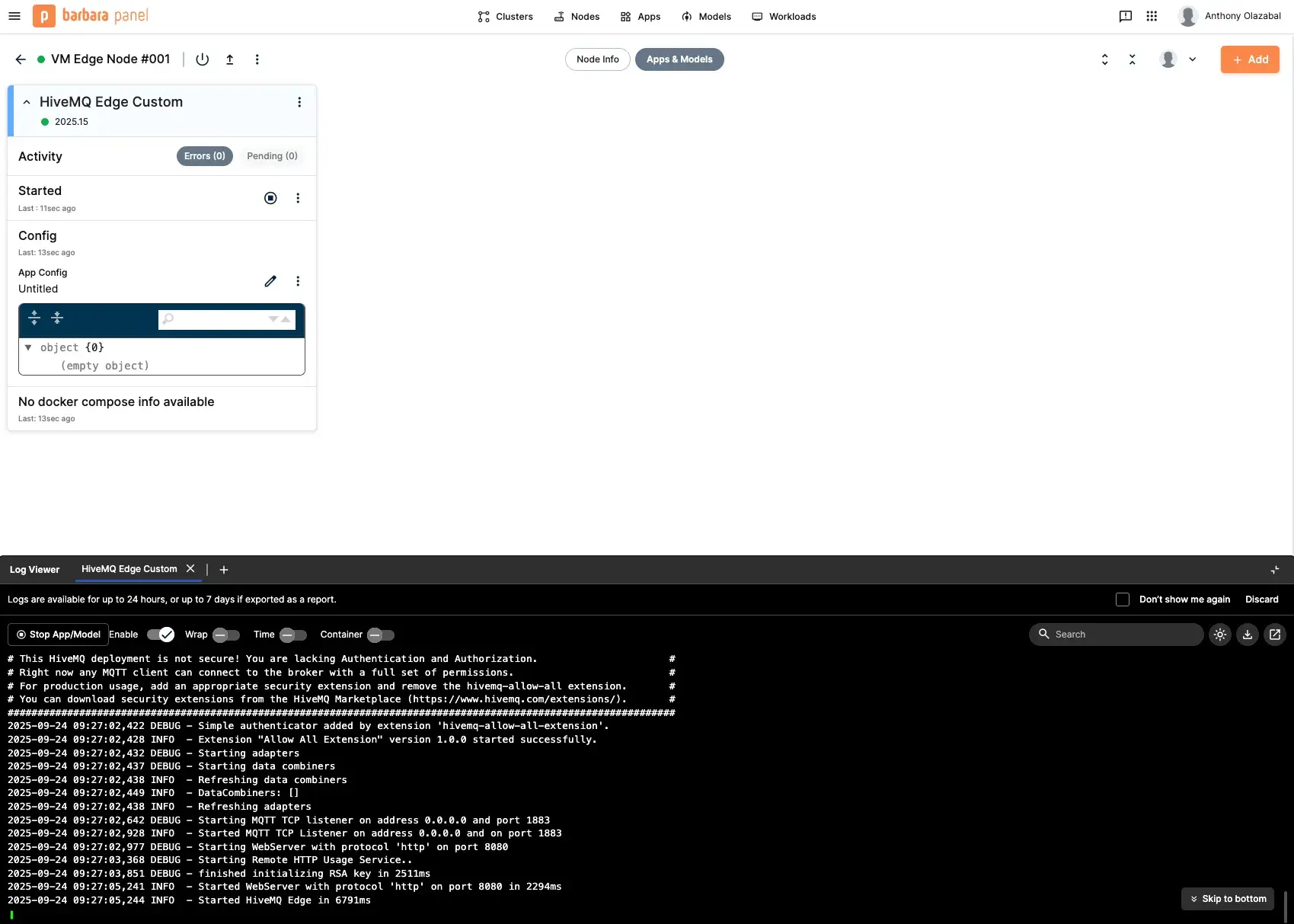 Barbara panel with VM Edge Node for HiveMQ Edge