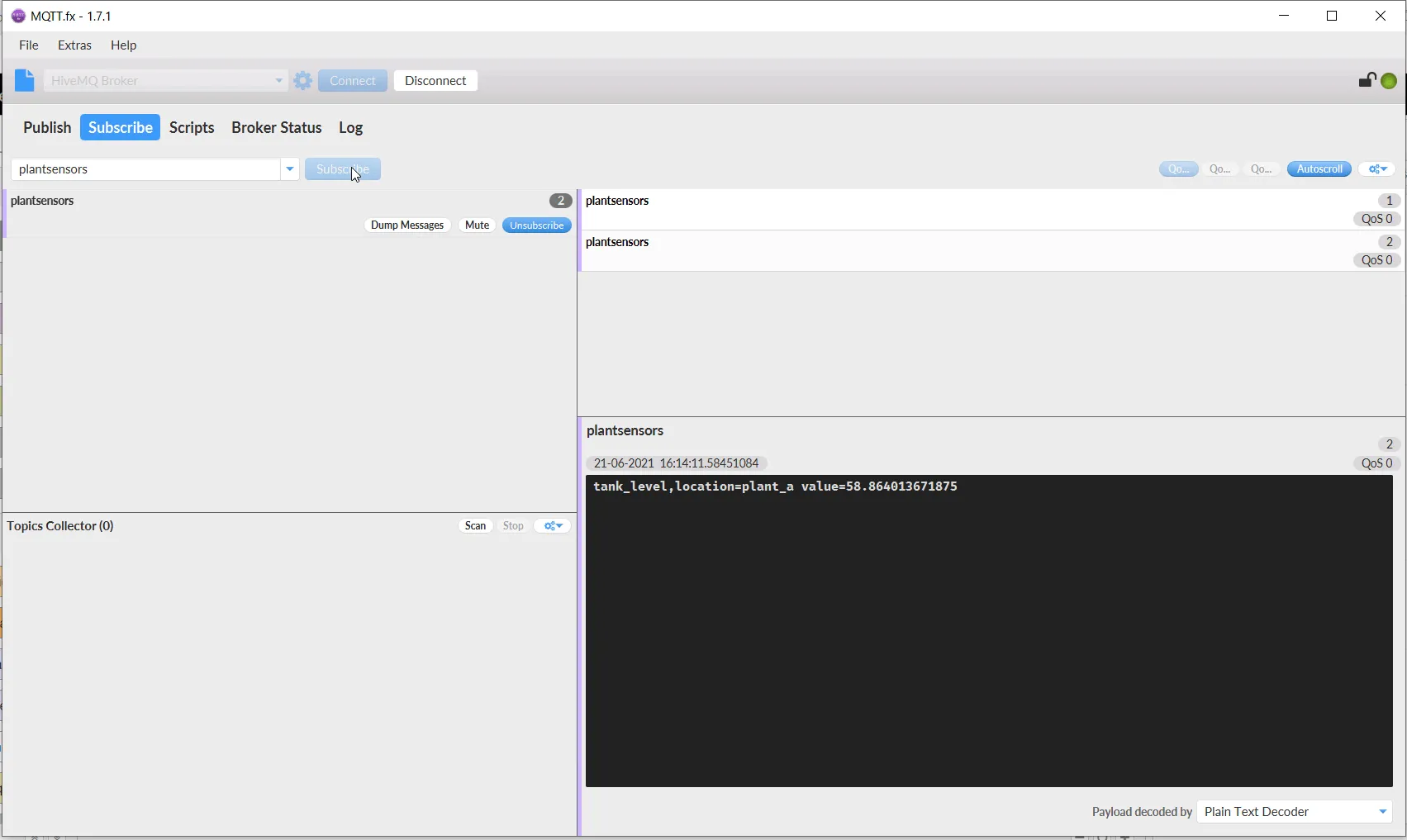 Connected Status MQTT.fx MQTT client
