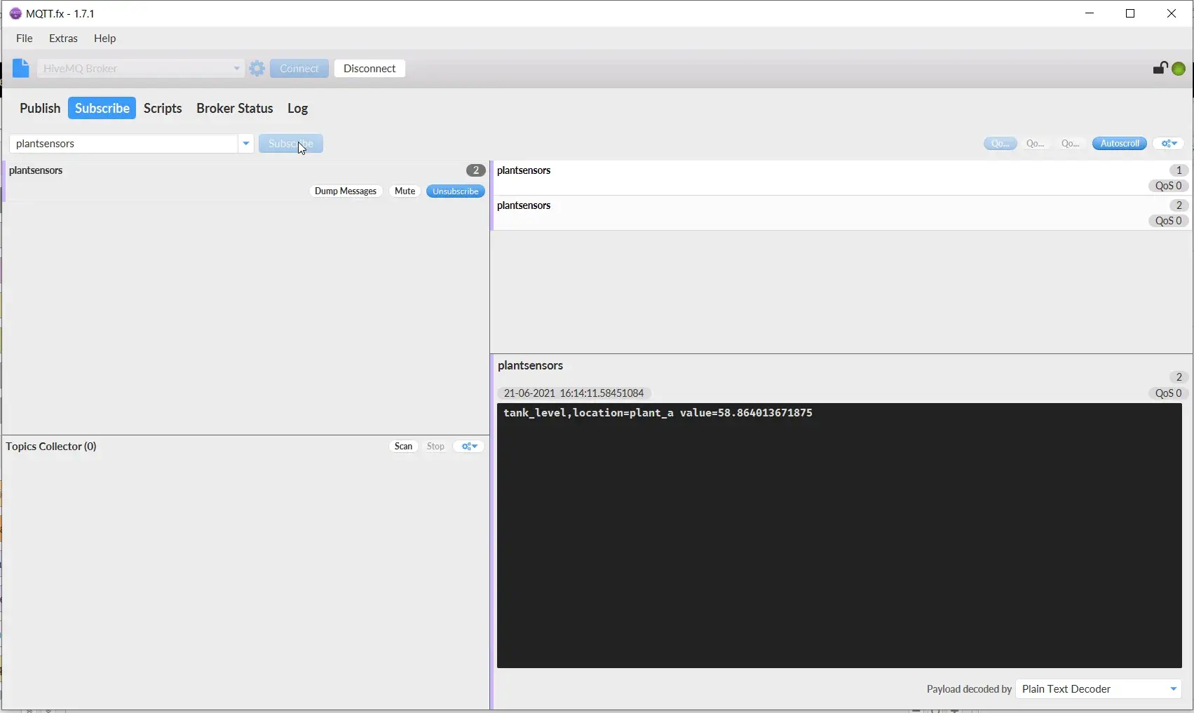 Connected Status MQTT.fx MQTT client