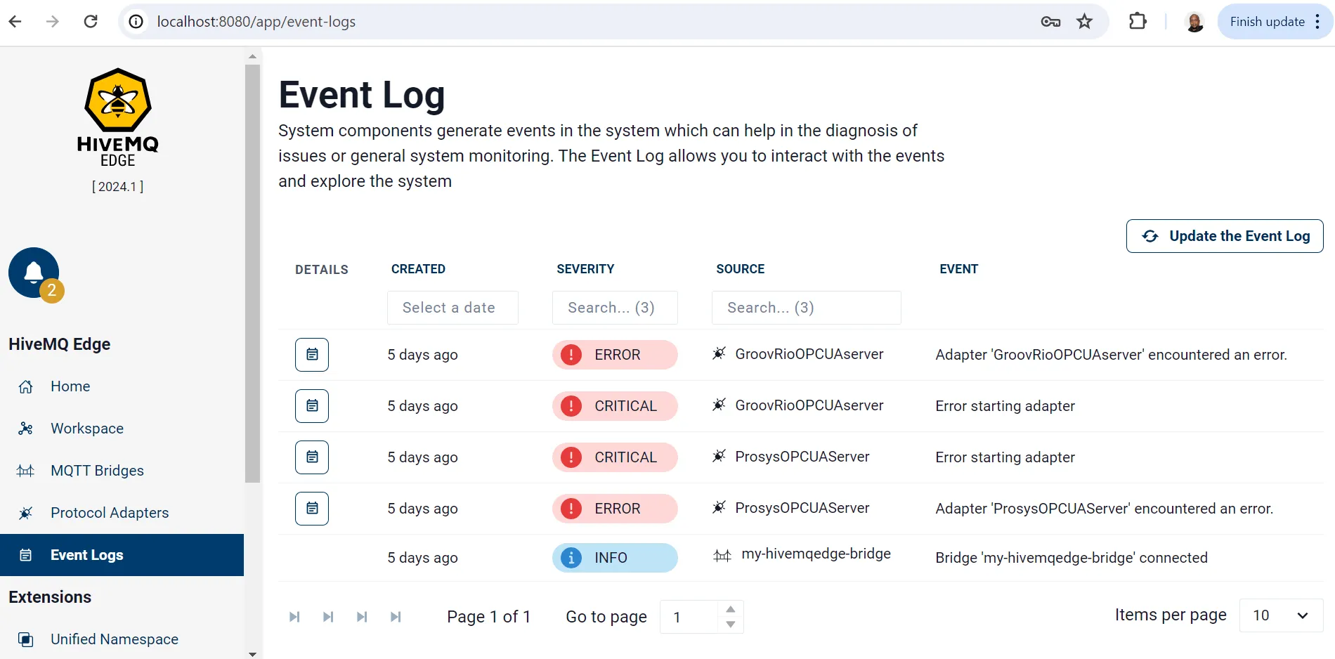 Event log on HiveMQ Edge