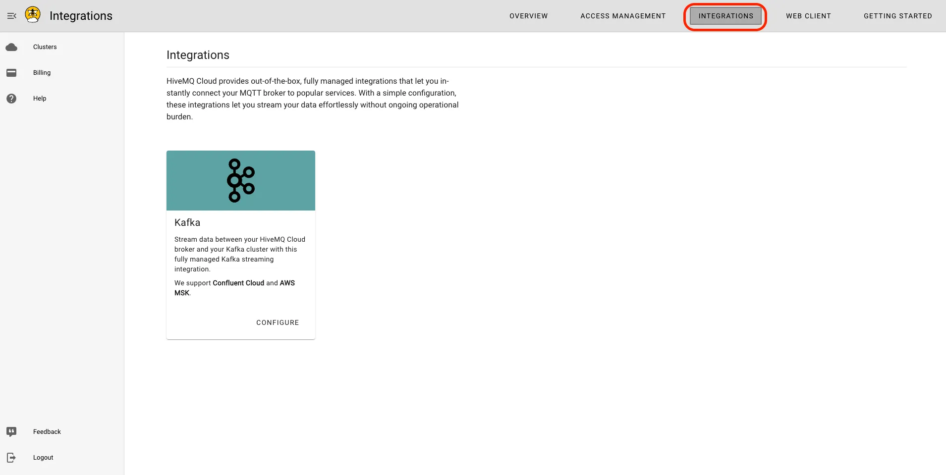 Integrations tab in HiveMQ Cloud