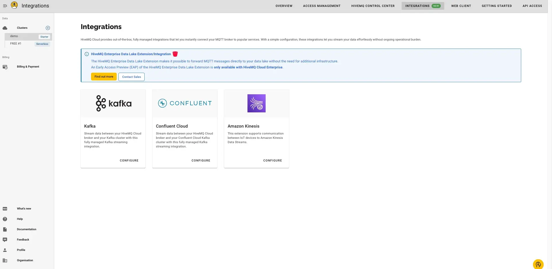 Integrations tab in HiveMQ Cloud