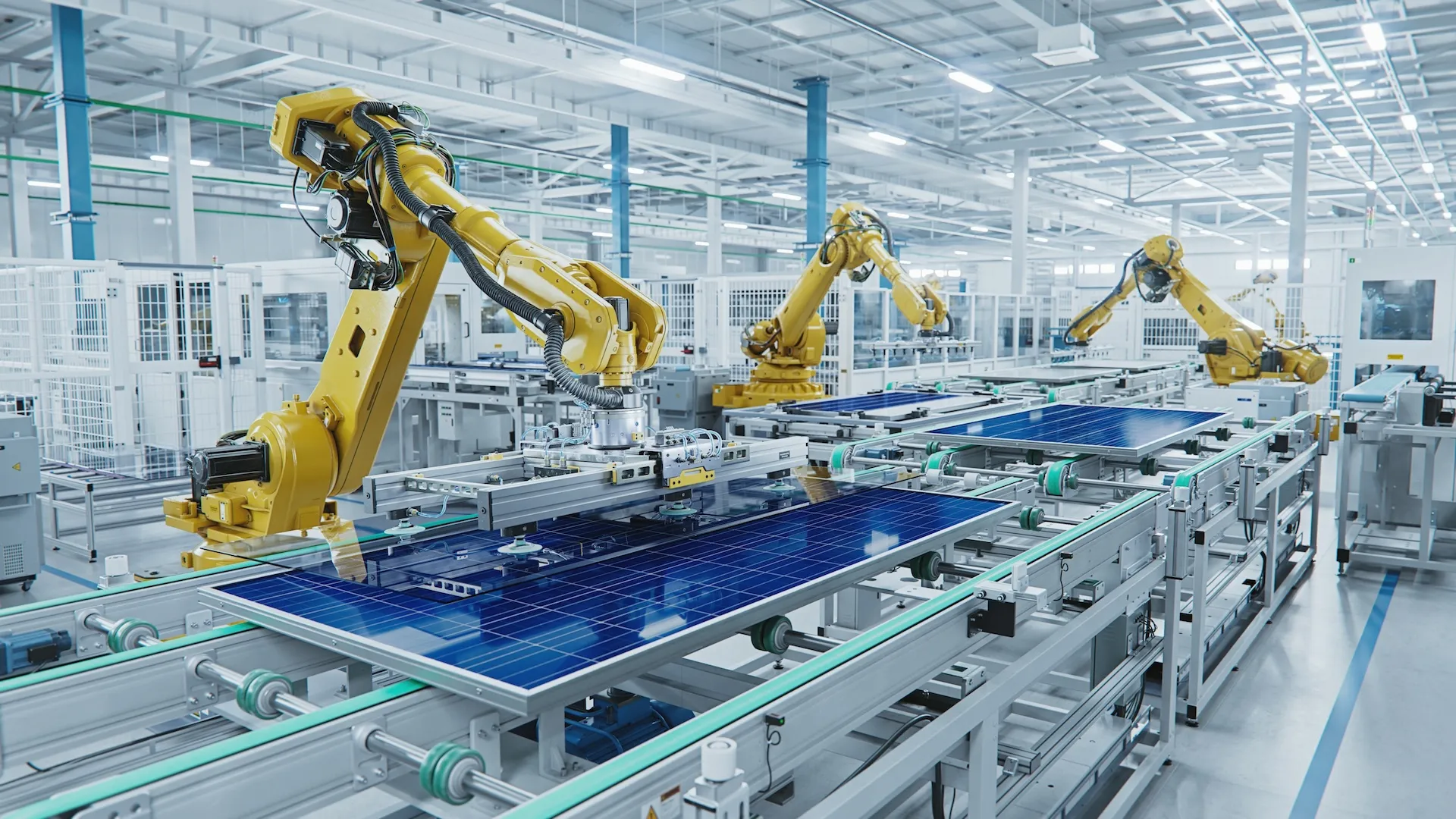 Discrete Manufacturing Large Production Line with Industrial Robot Arms at Modern Bright Factory. Solar Panels are being Assembled on Conveyor.