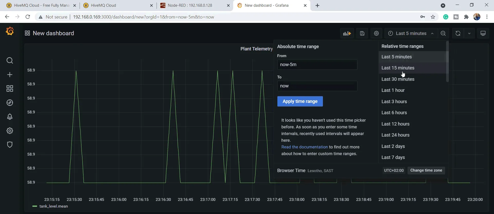 Choose to see data for the last 5 minutes