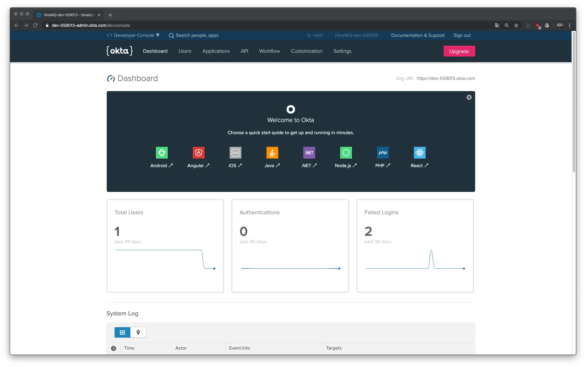 Okta Developer Dashboard