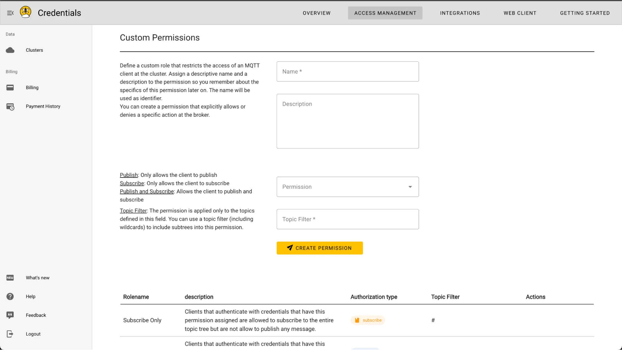 HiveMQ Cloud Custom Permissions User Interface