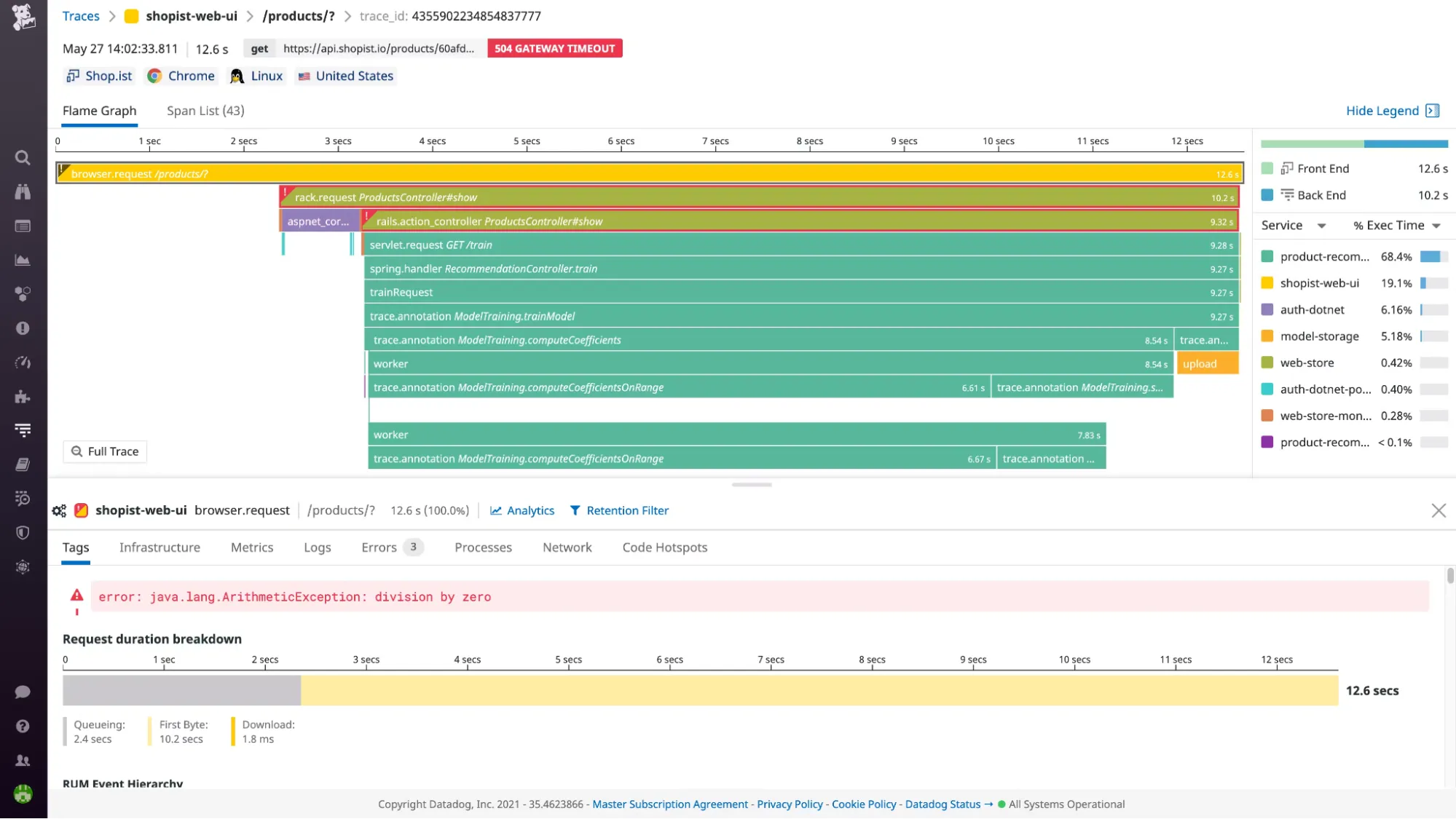 Datadog showing a distributed trace