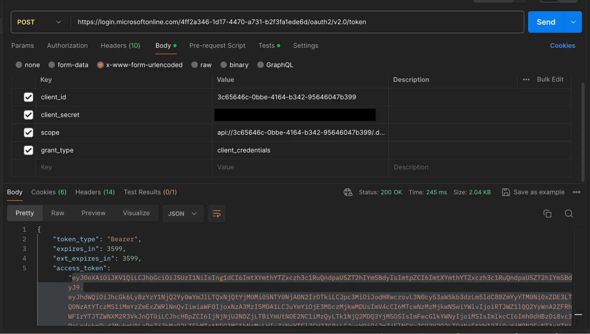 Testing your setup and verifying the request of a client token with third-party tools like Postman
