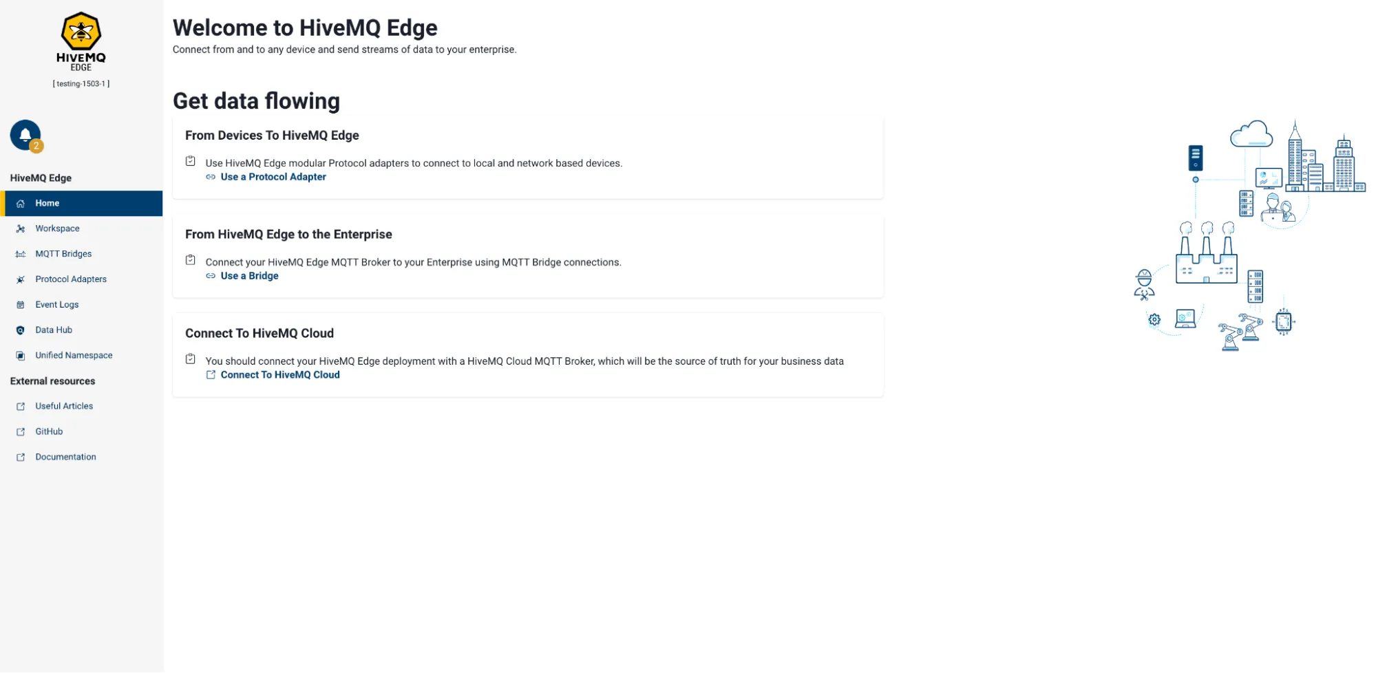 HiveMQ Edge set-up dashboard