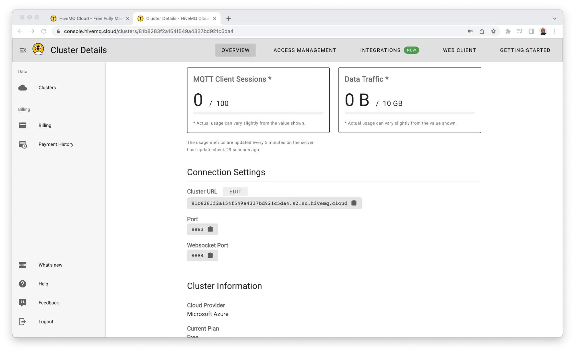 HiveMQ Cloud Cluster Details