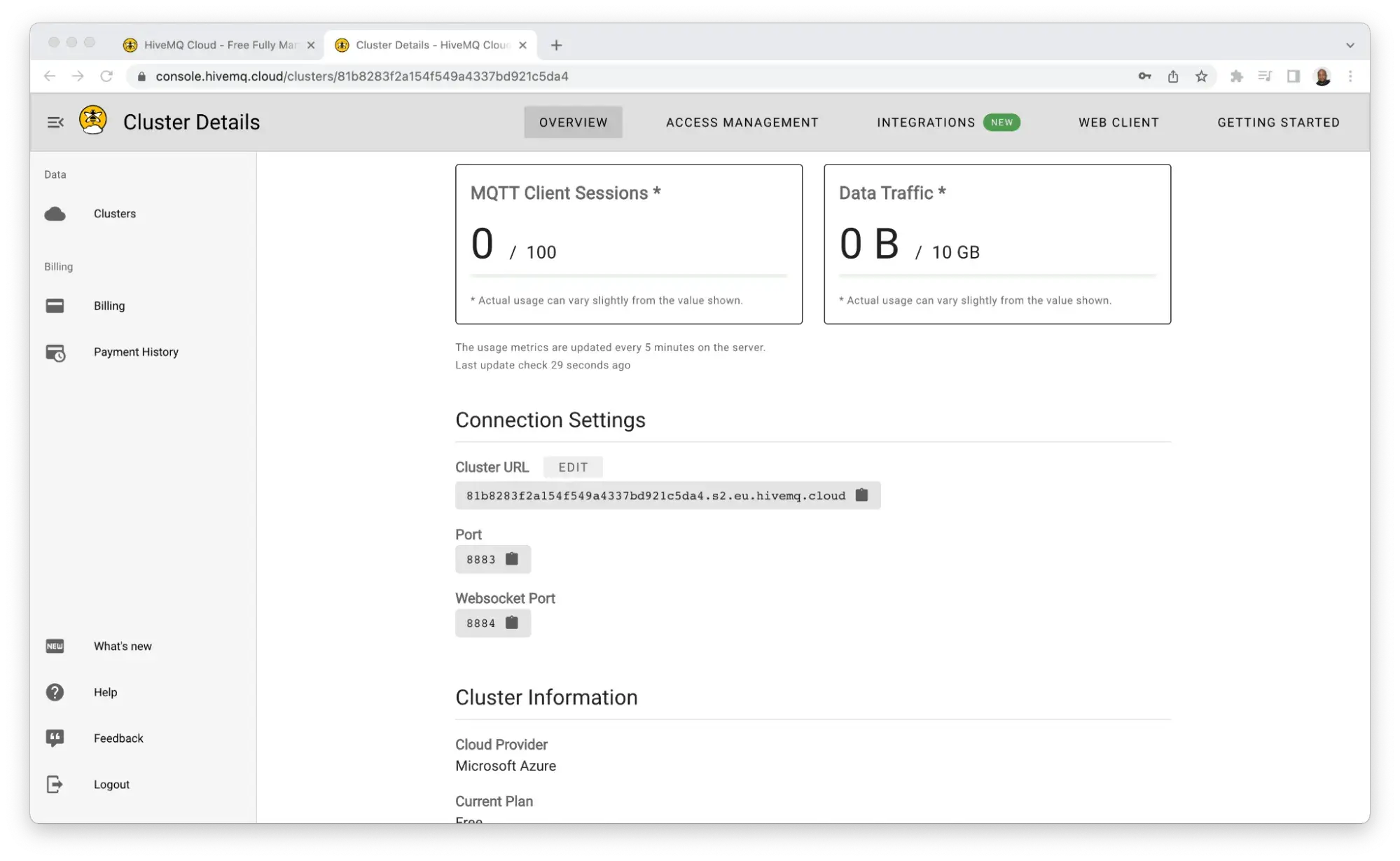 HiveMQ Cloud Broker Cluster Details