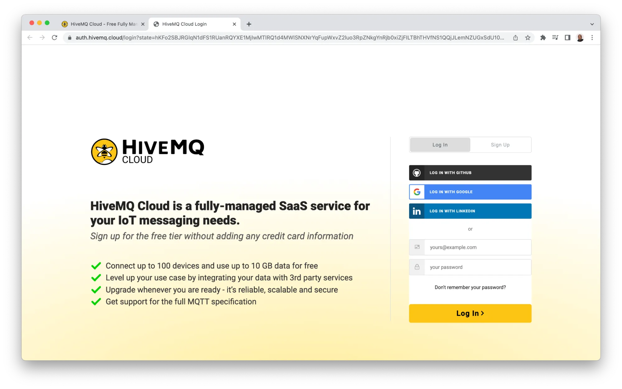 HiveMQ Cloud Login Page