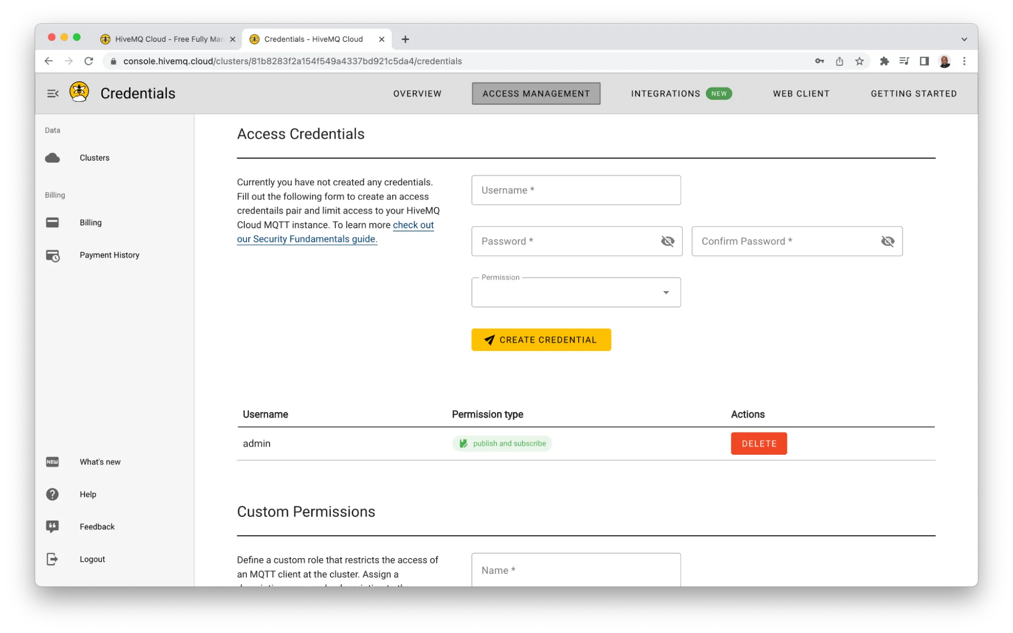 HiveMQ Cloud Credentials