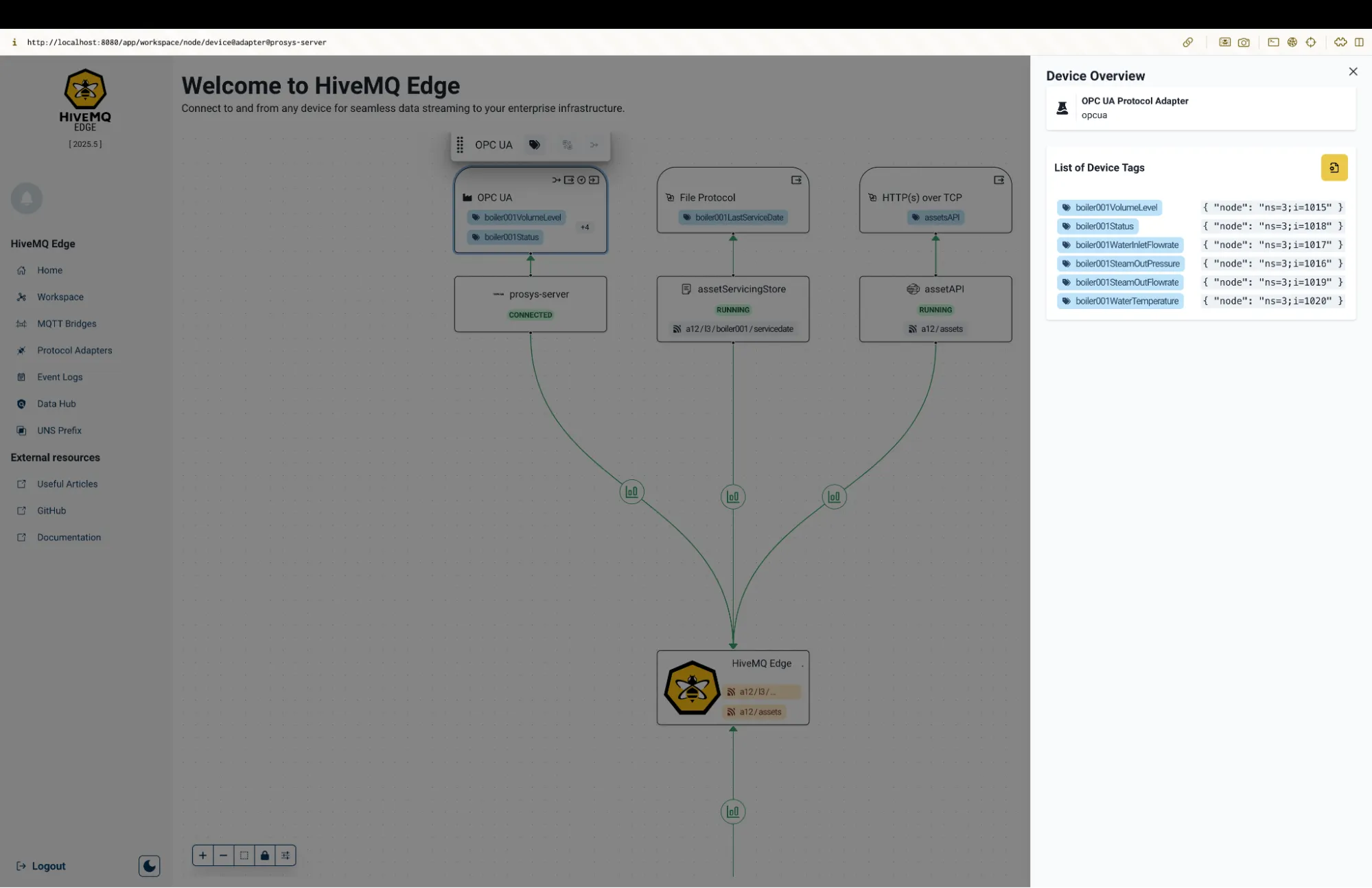 HiveMQ Edge deployment running with three protocol adapters