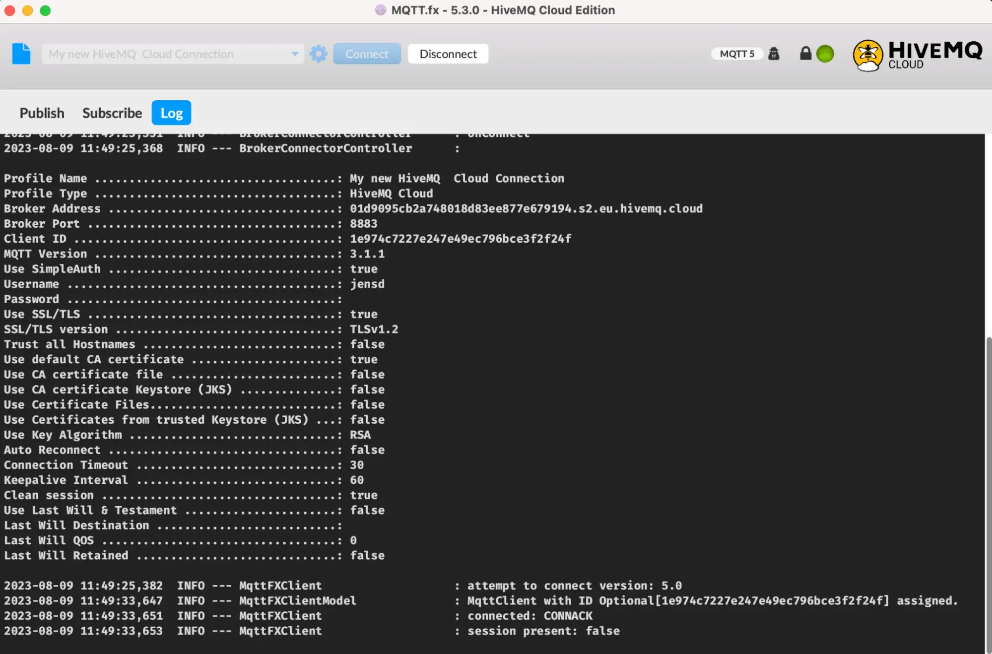 The Log Tab Showing Debug Output on MQTT.fx
