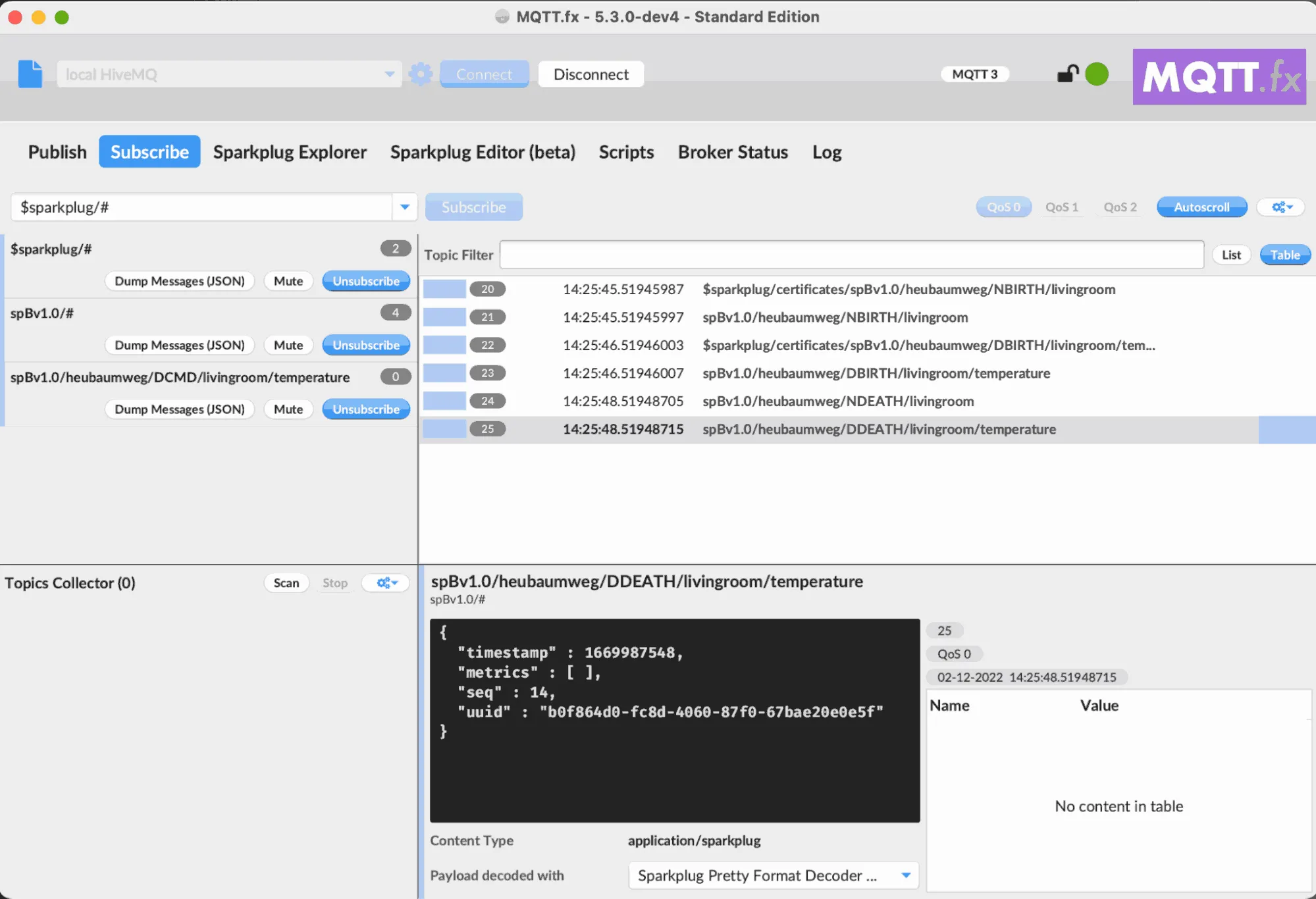 MQTT.fx console