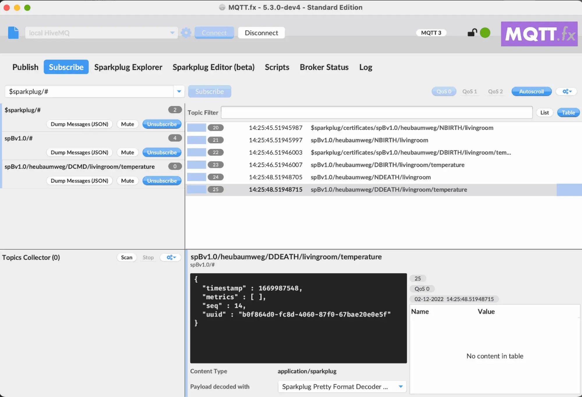 MQTT.fx console