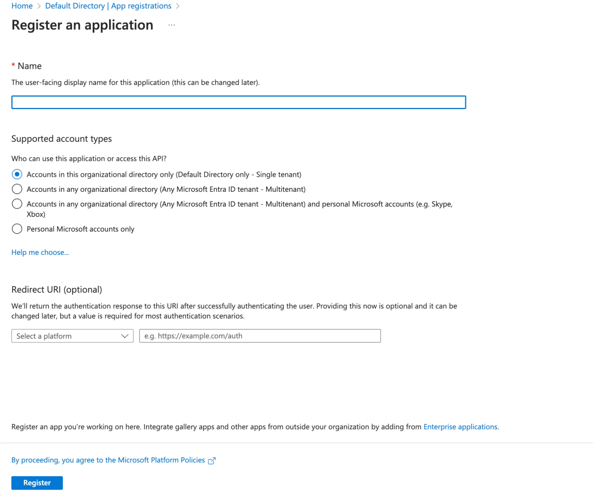 Registering a new application on Microsoft Entra