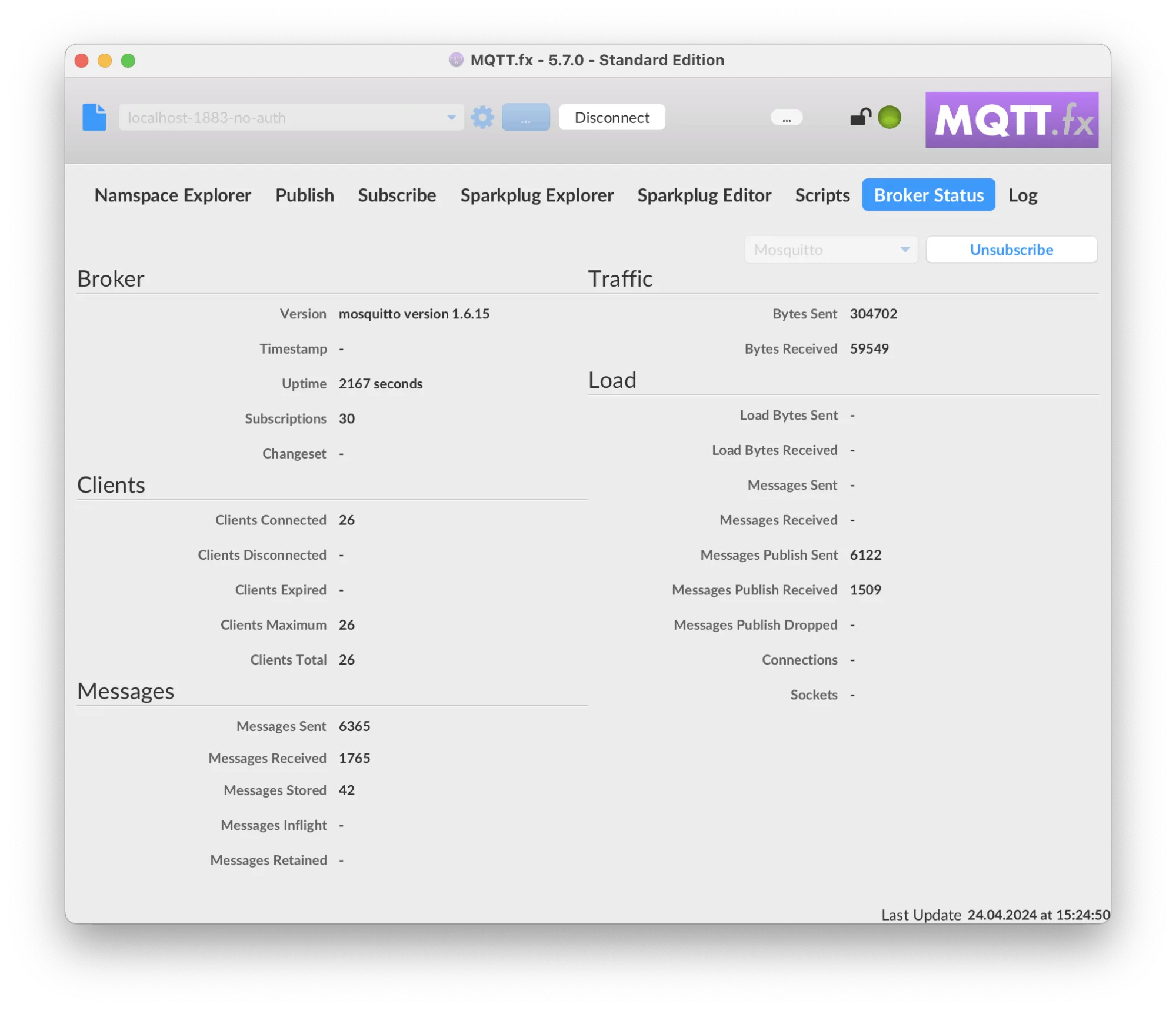 Broker Status on MQTT.fx