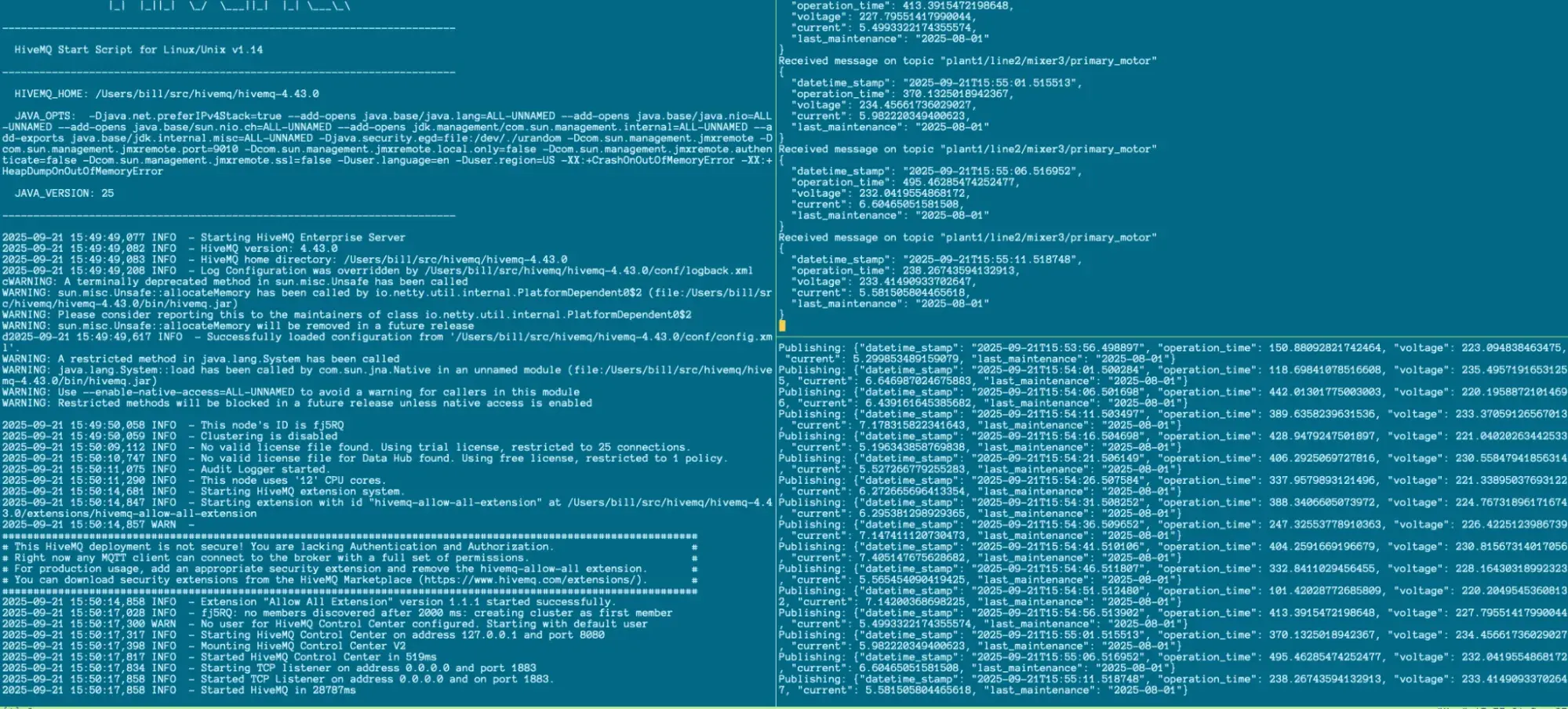 example showing the hivemq.log on the left pane, the subscriber on the top left, and the publisher on the bottom right.