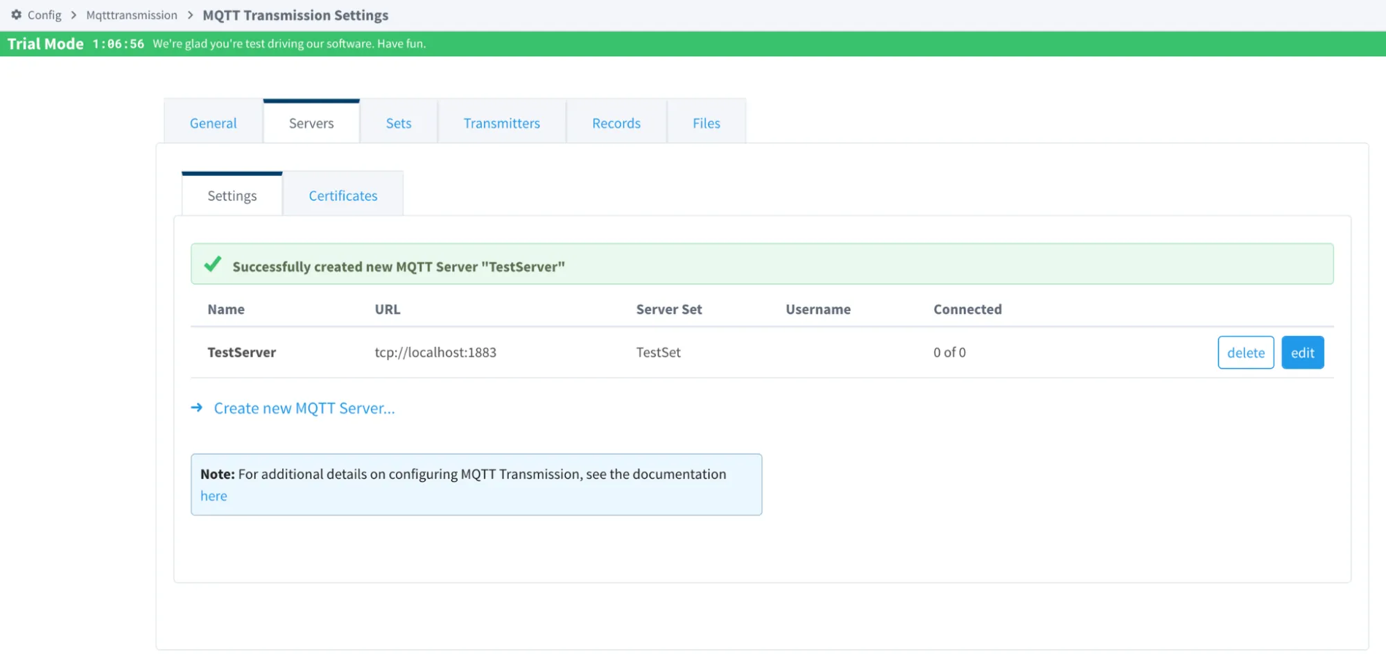 Create new MQTT Server Setting