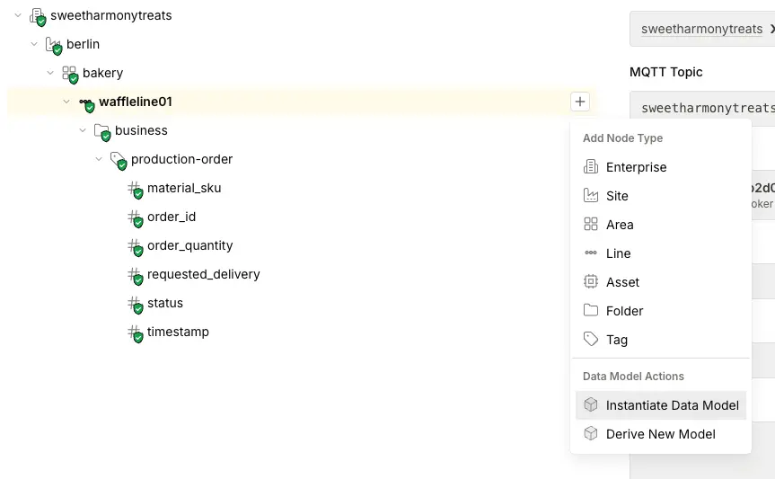 HiveMQ Contextualize menu for creating a production-cell data model instance