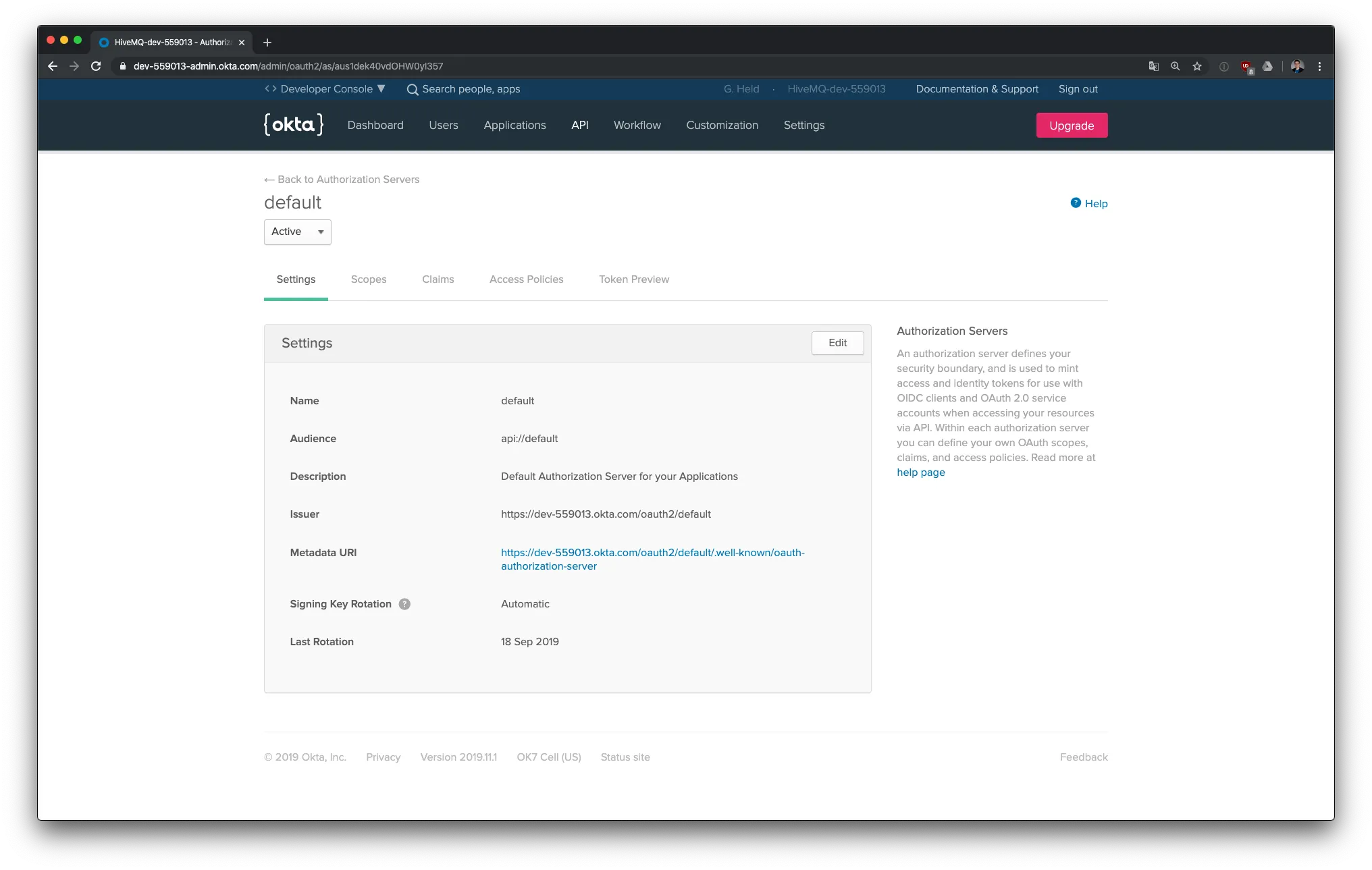 Okta Authorization Server Settings