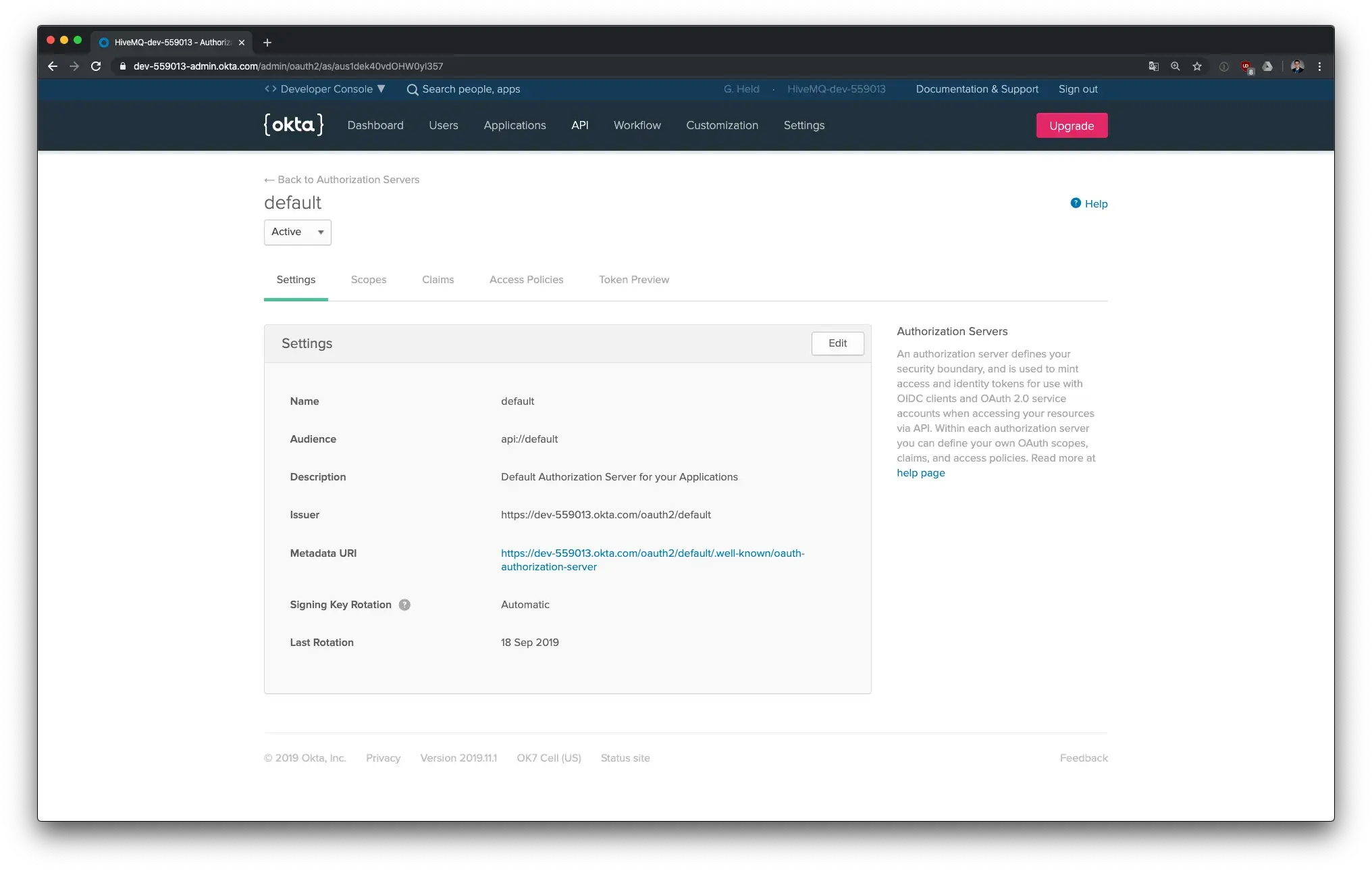 Okta Authorization Server Settings