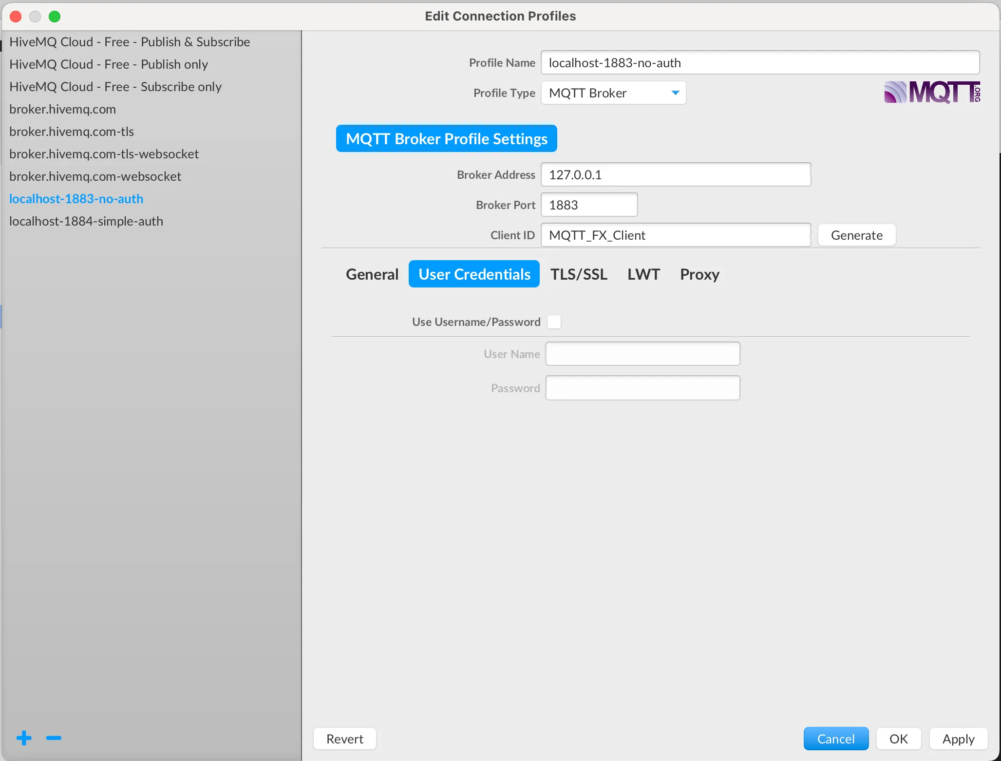 MQTT.fx – Edit Connection Profiles