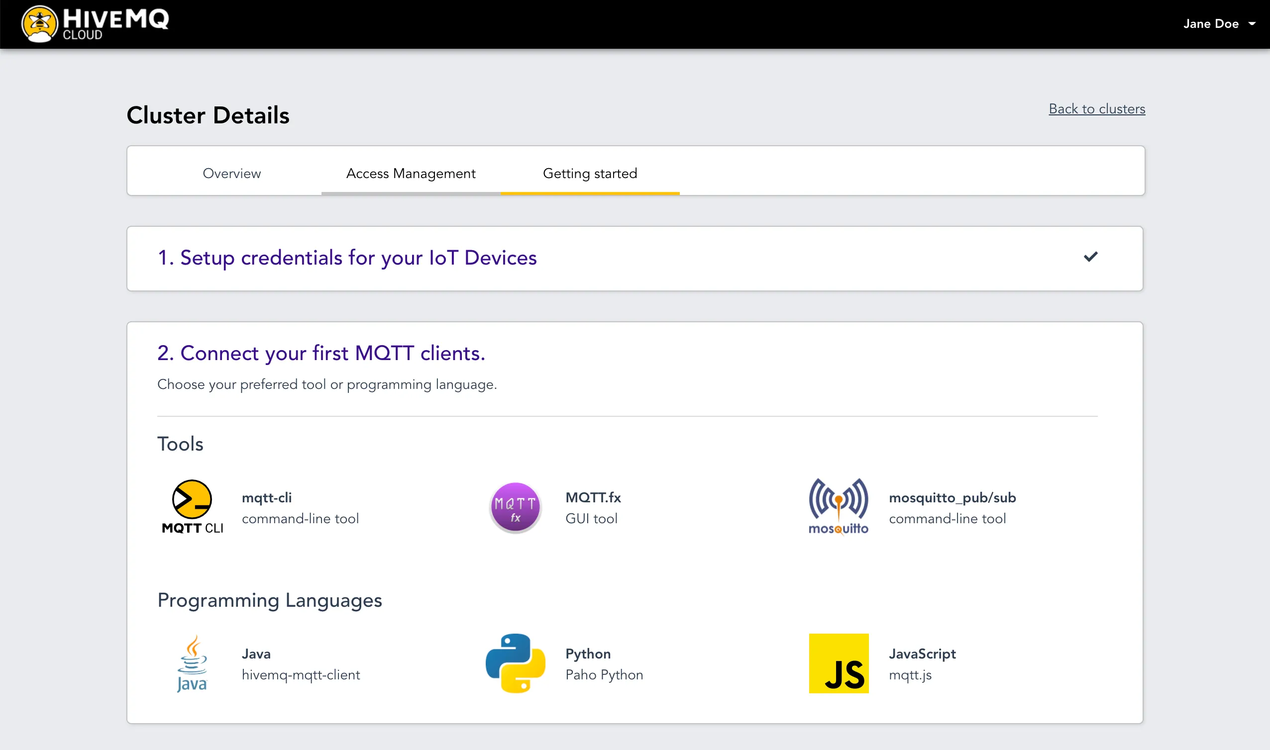 HiveMQ Cloud Cluster Details Getting Started