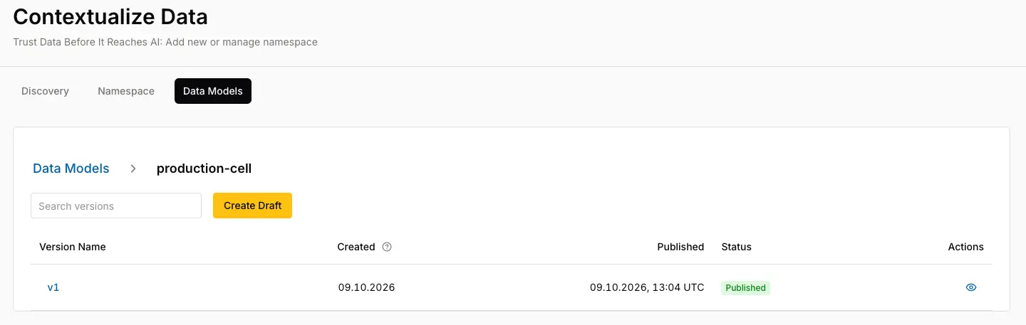 HiveMQ Contextualize showing published version 1 of the production-cell data model