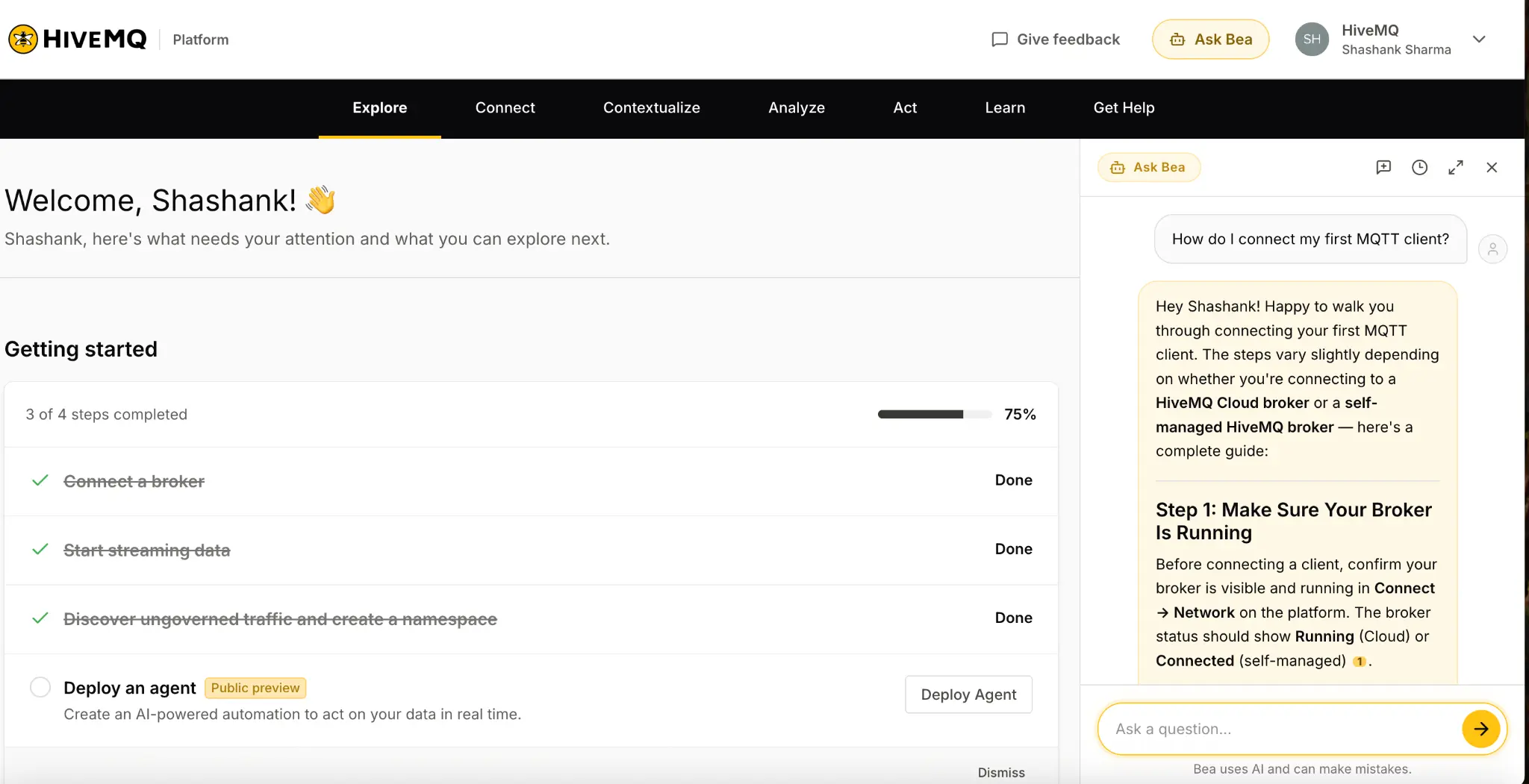 HiveMQ platform Explore tab showing the Getting started checklist and Bea, the AI assistant, answering a question about connecting an MQTT client