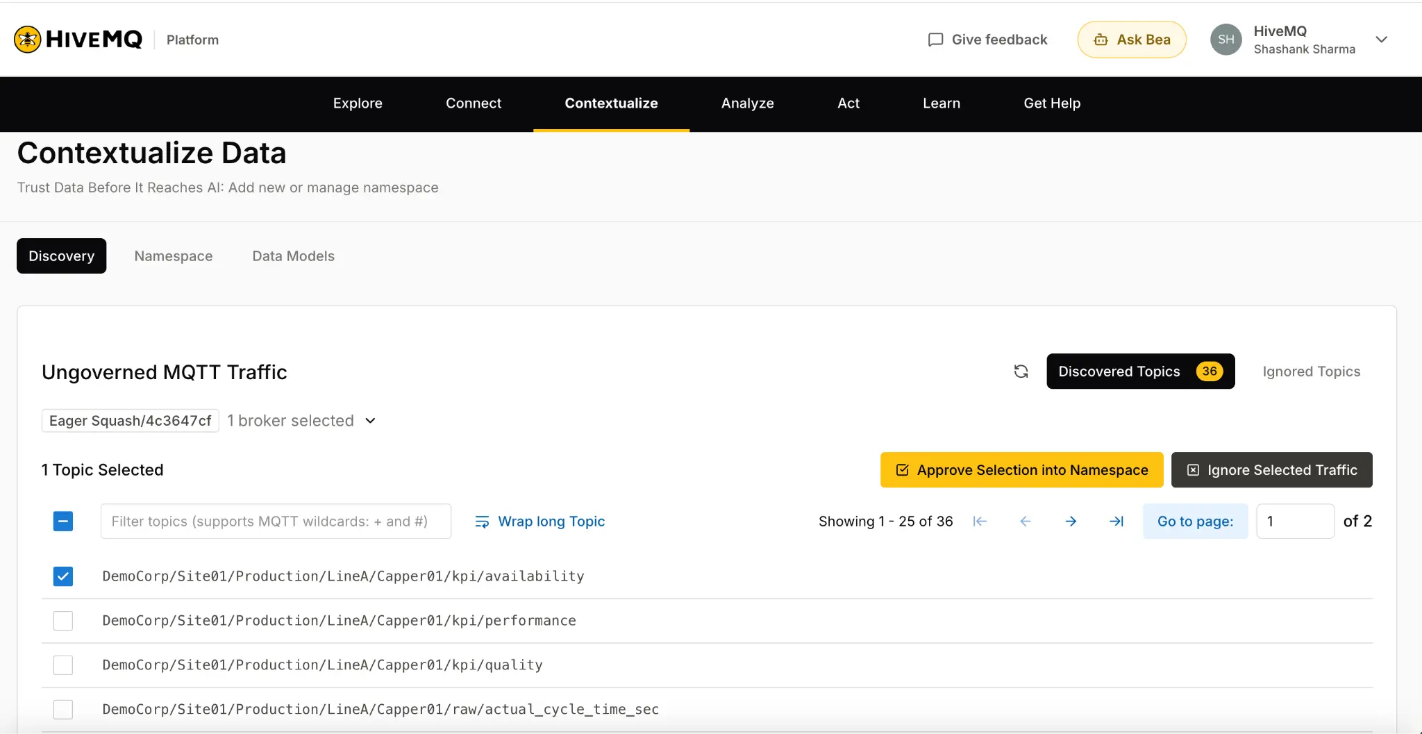 Contextualize tab Discovery view listing discovered DemoCorp MQTT topics as ungoverned traffic
