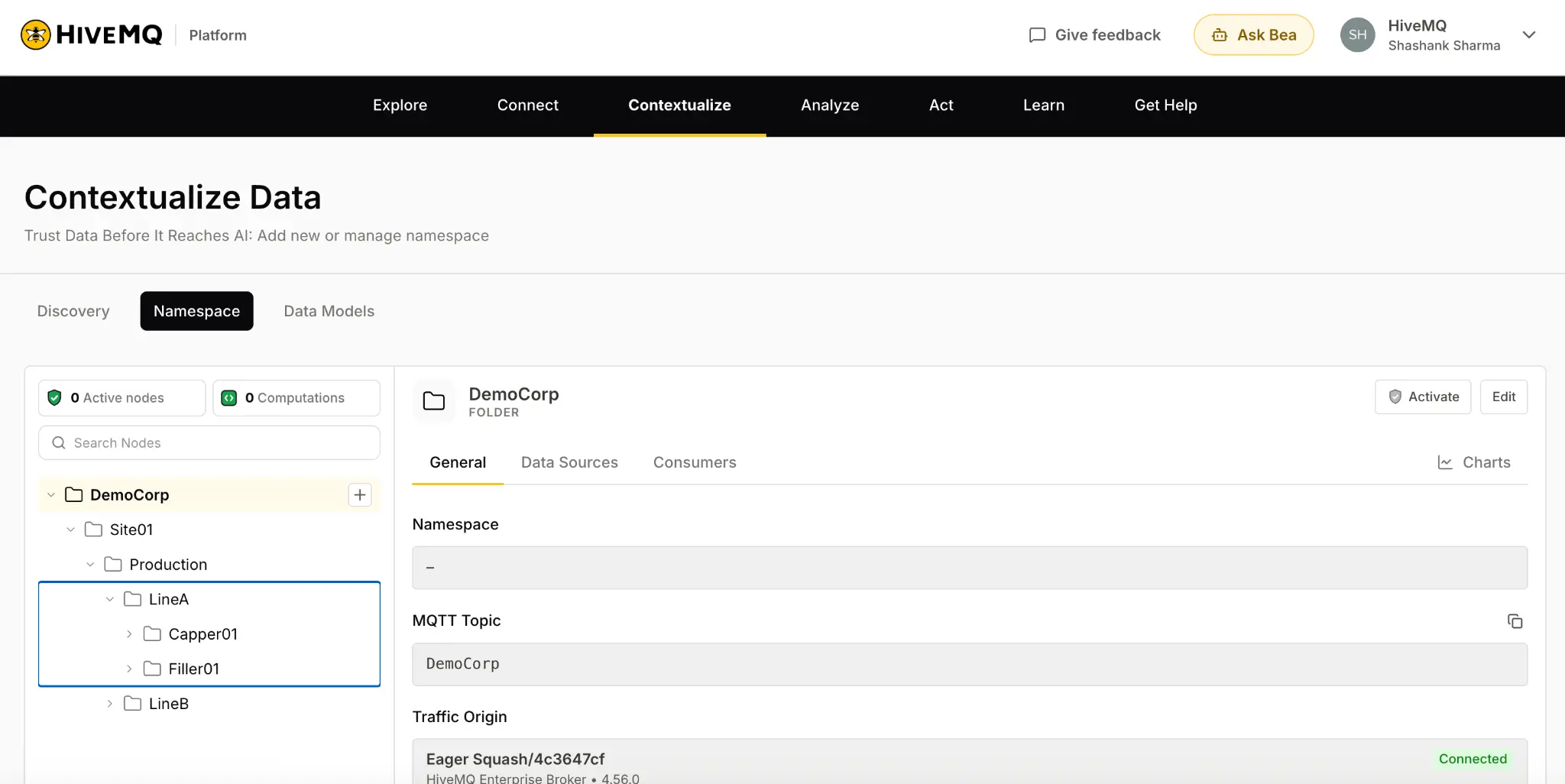 Contextualize tab Namespace view showing the DemoCorp topic hierarchy with Site01, Production, LineA and LineB