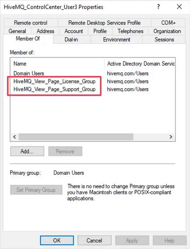Control Center Permissions AD Groups for user "cc_user3"