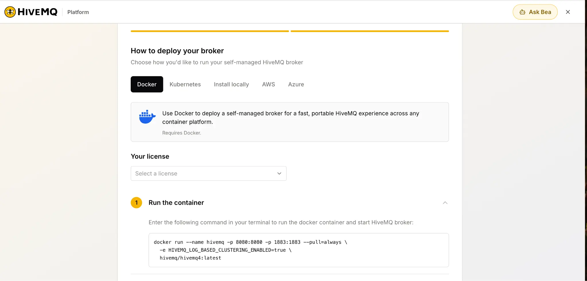 How to deploy your broker screen with Docker selected, a license picker and the generated docker run command