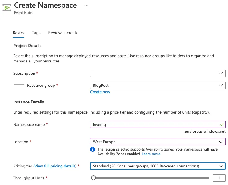 Entering a name for your Event Hubs namespace