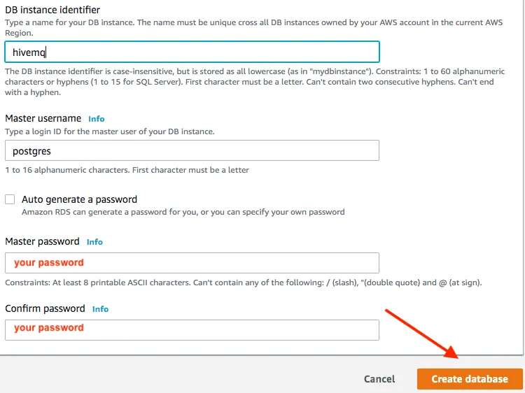 Name your database, select a password for your master user and “Create database”