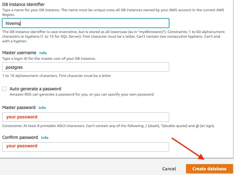 Name your database, select a password for your master user and “Create database”