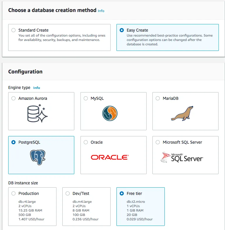 Select “Easy Create”, “PostgreSQL” and “Free tier”