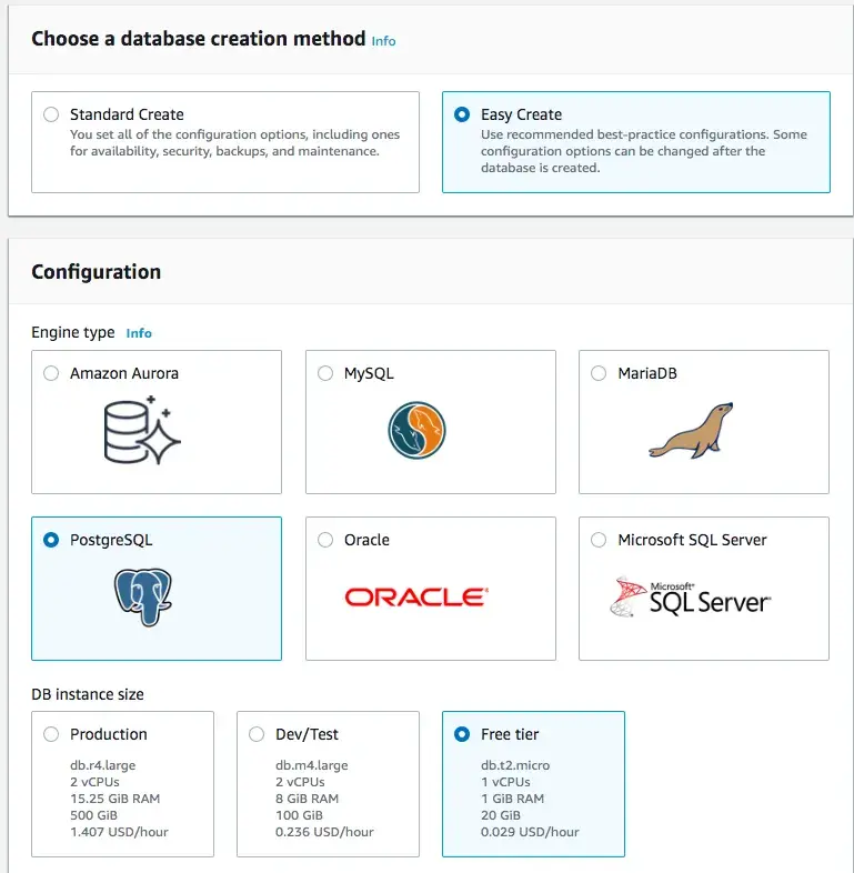 Select “Easy Create”, “PostgreSQL” and “Free tier”