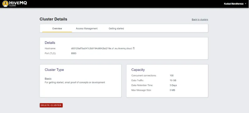 HiveMQ Cloud Cluster Details Page