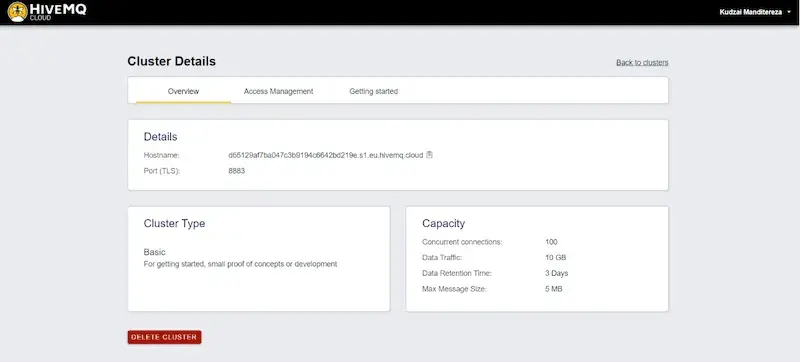 HiveMQ Cloud Cluster Details Page