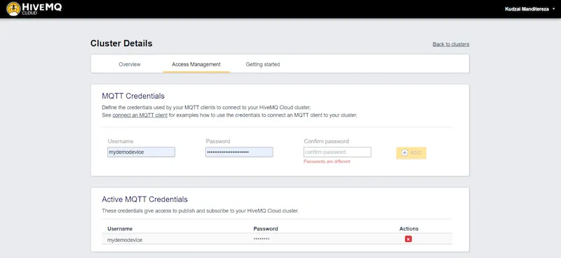 Set up the credentials that your Raspberry Pi Edge of Network Nodes will use to connect to the HiveMQ Cloud MQTT
