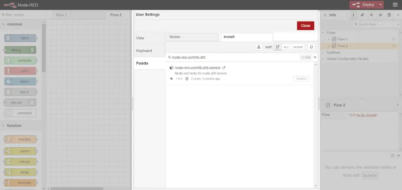 install the DHT11 Node-Red package using the Deploy menu
