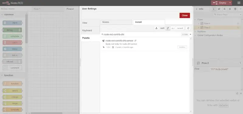 install the DHT11 Node-Red package using the Deploy menu