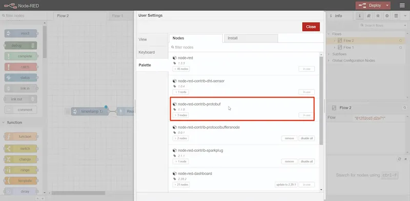 Use a protobuf node read package, which you can install by going to Deploy, then Manage palette, and then searching for node-red-contrib-protobuf