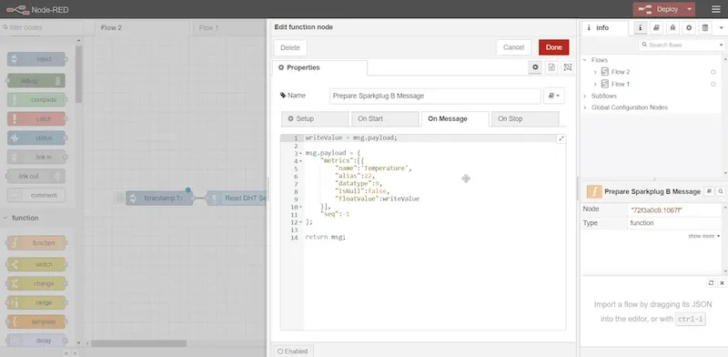 paste the code for creating an MQTT Sparkplug object along with corresponding Properties values